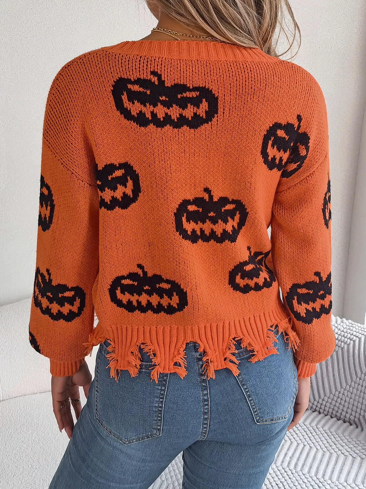 Pumpkin Distressed Hem Sweater - Orange - View 8