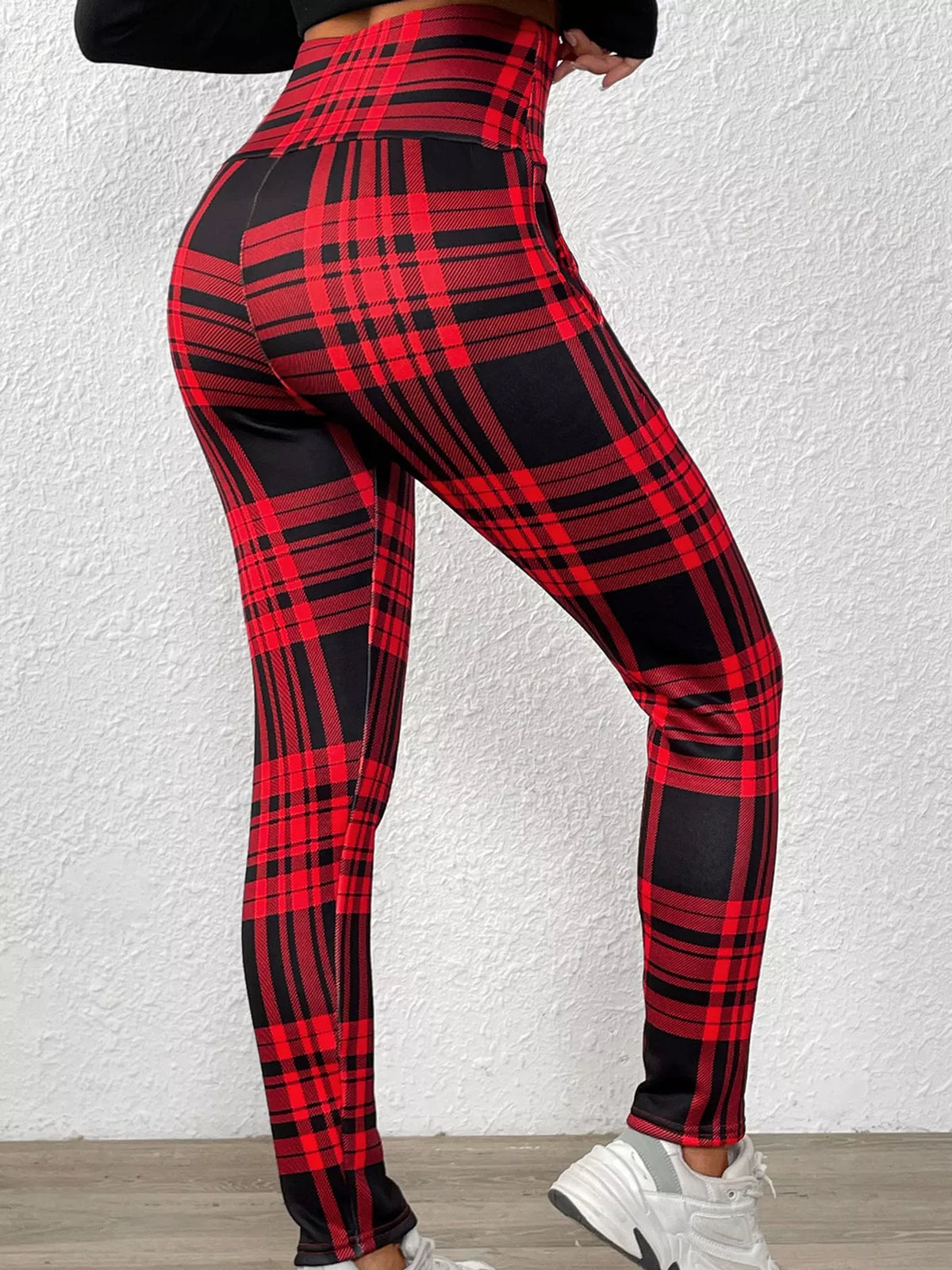 High-Waisted Plaid Slim-Fit Leggings - Red - View 4