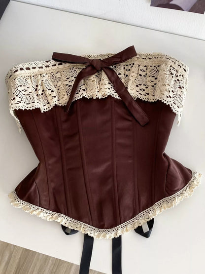 Crochet Lace Strapless Boned Corset Lace‑Up Waist Cincher Tube Top - Brown - View 6