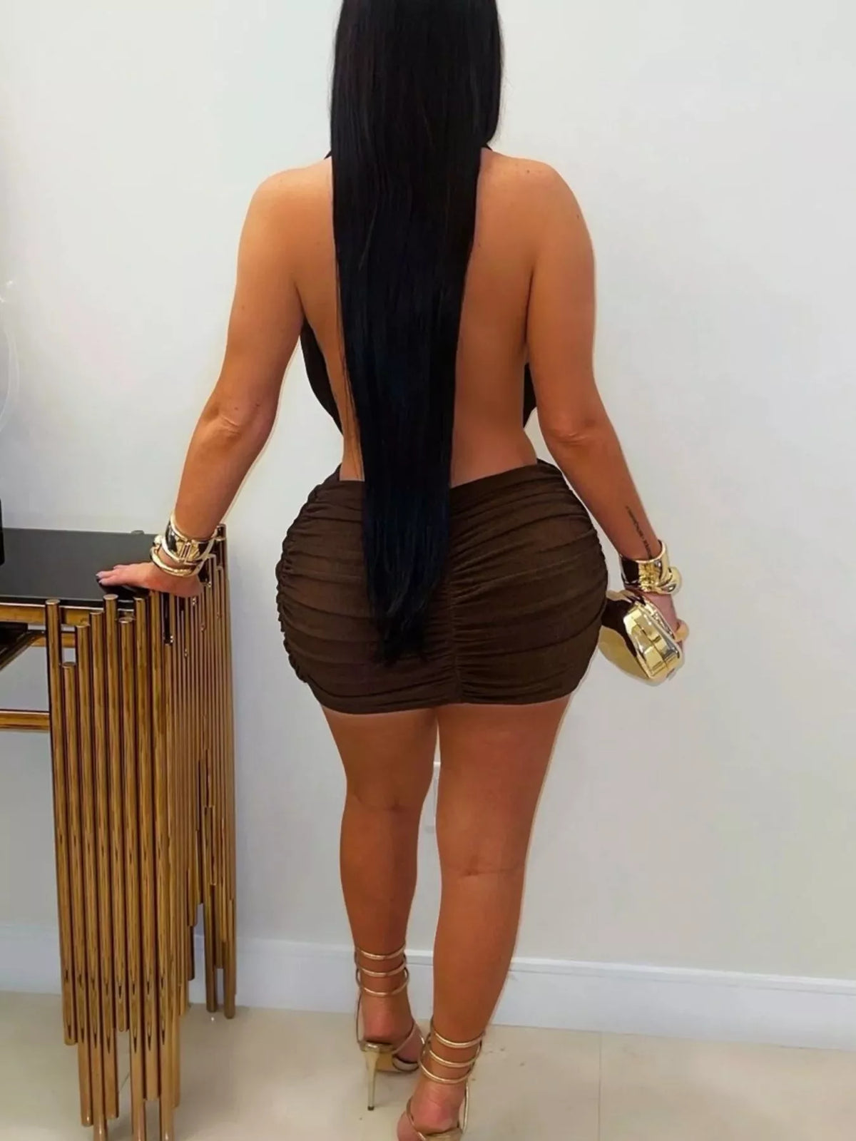 Ruched Halter Neck Bodycon Mini Dress - Chocolate - View 8