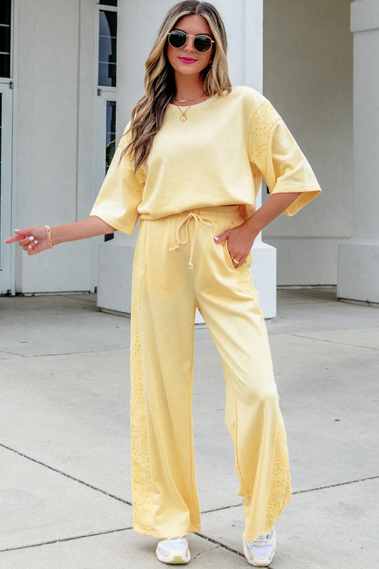 Yellow Lace Half-Sleeve Top & Elastic-Waist Pants Set - Yellow Cream - 2