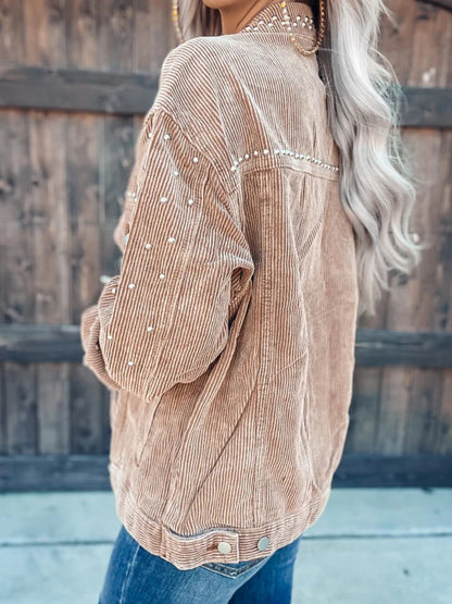 Studded Collared Neck Button Down Jacket - Tan - Rear View