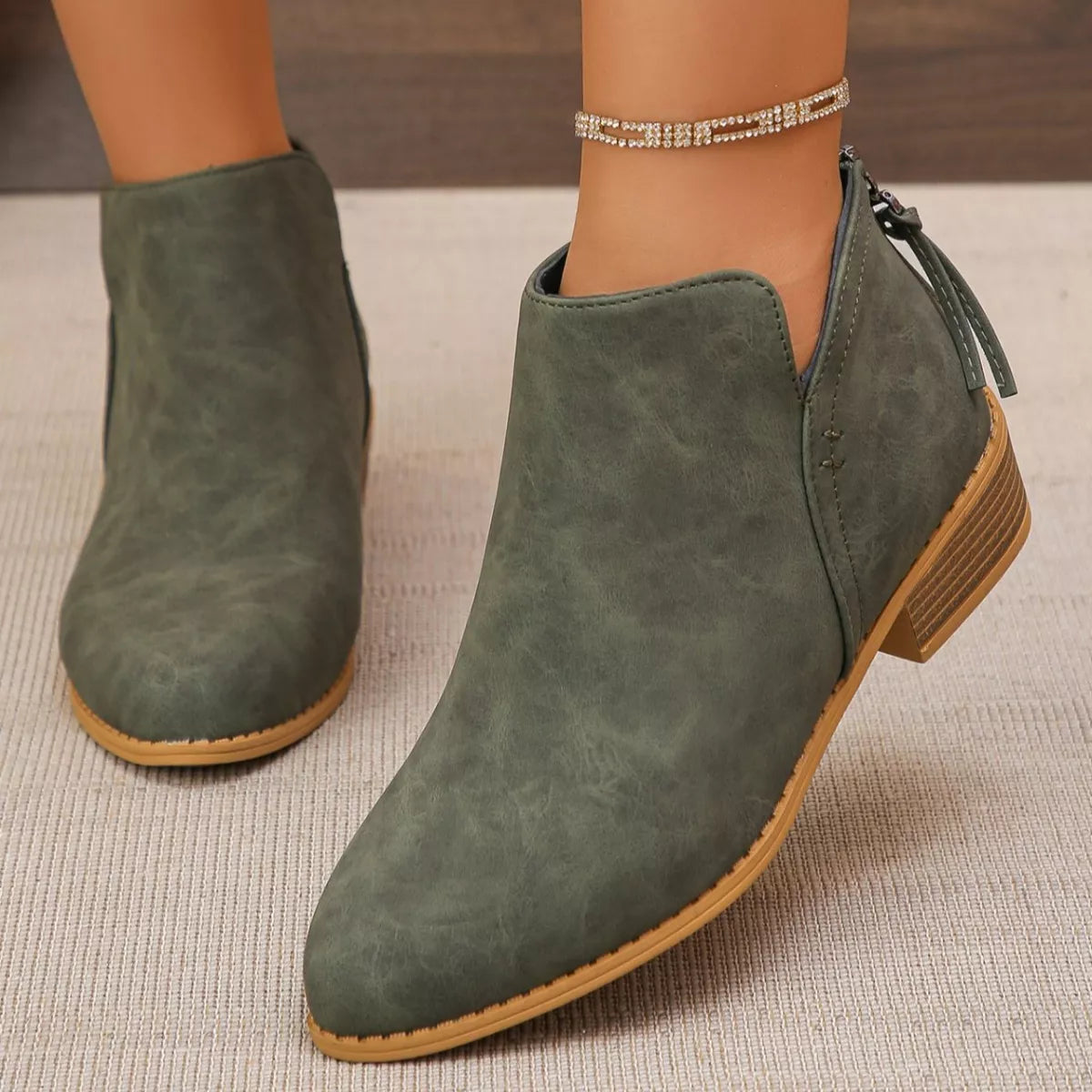 Point Toe Block Heels Boots - Army Green - View 5