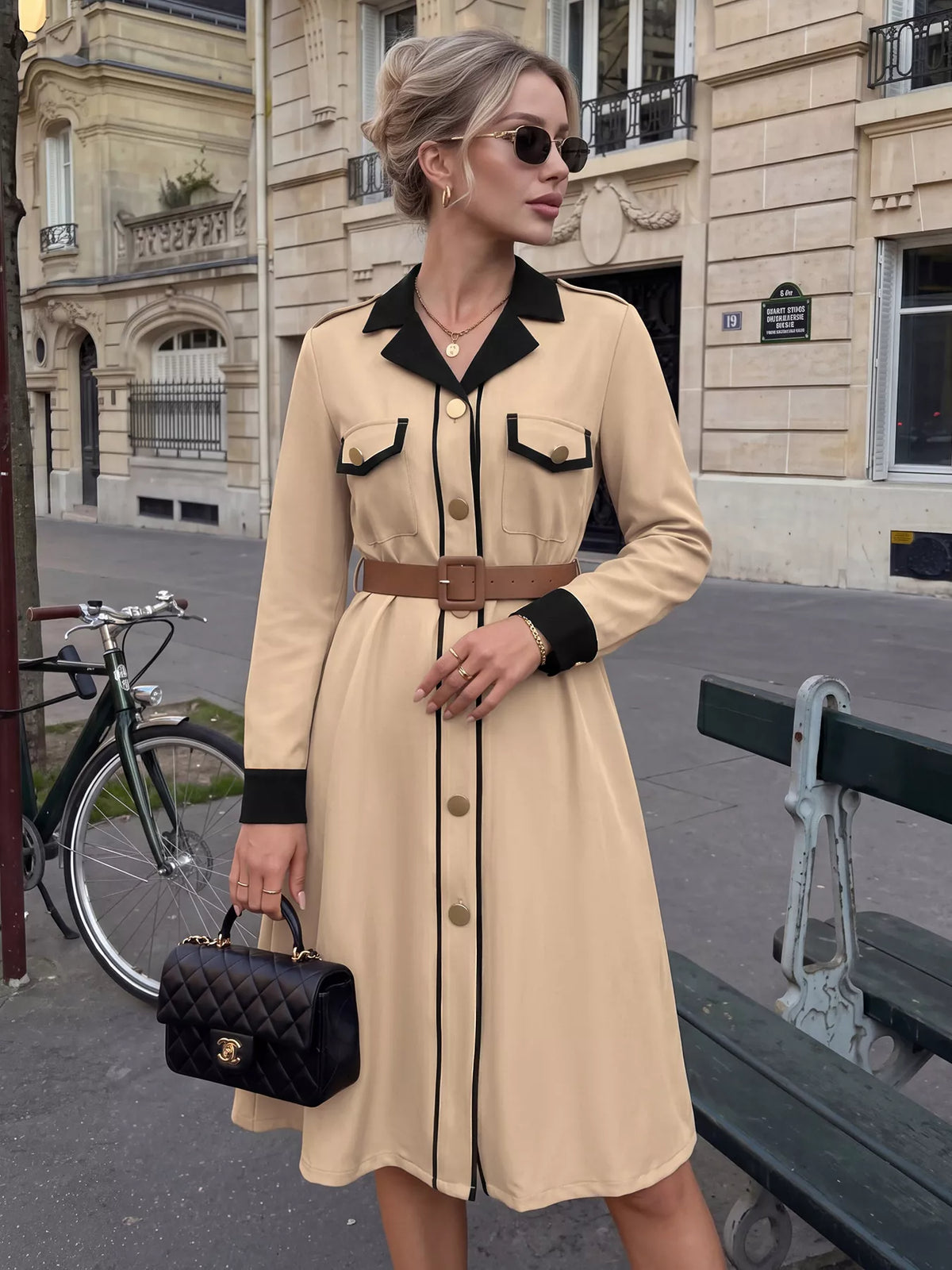 Contrast Lapel Button Front Midi Shirt Dress - Khaki - View 1