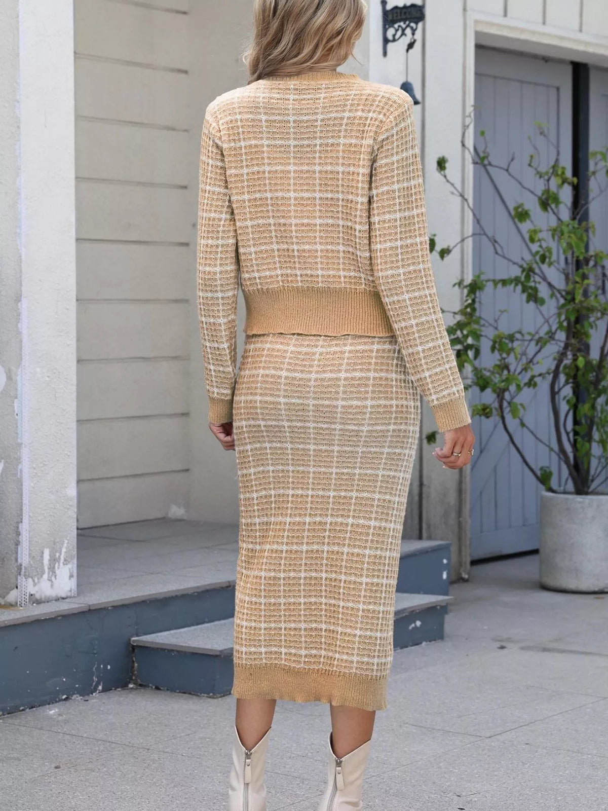 Plaid Knit Cardigan and Midi Skirt Sweater Set - Khaki - View 5