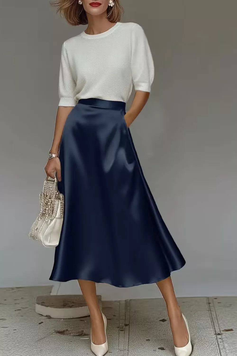 Satin A-Line Midi Skirt - Navy - View 14