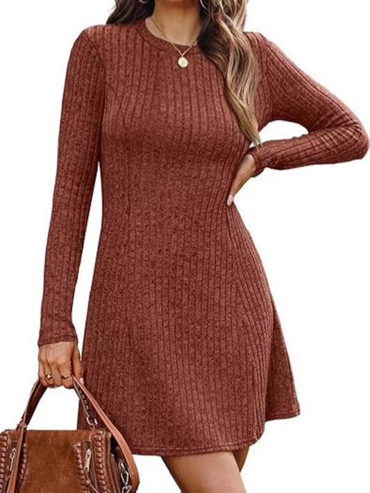 Ribbed Knit Long Sleeve Slim Fit Dress - Caramel - View 1