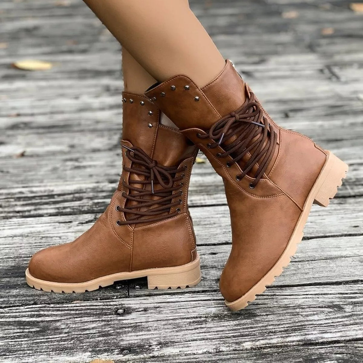 Lace Up Block Heels Boots - Brown - View 10