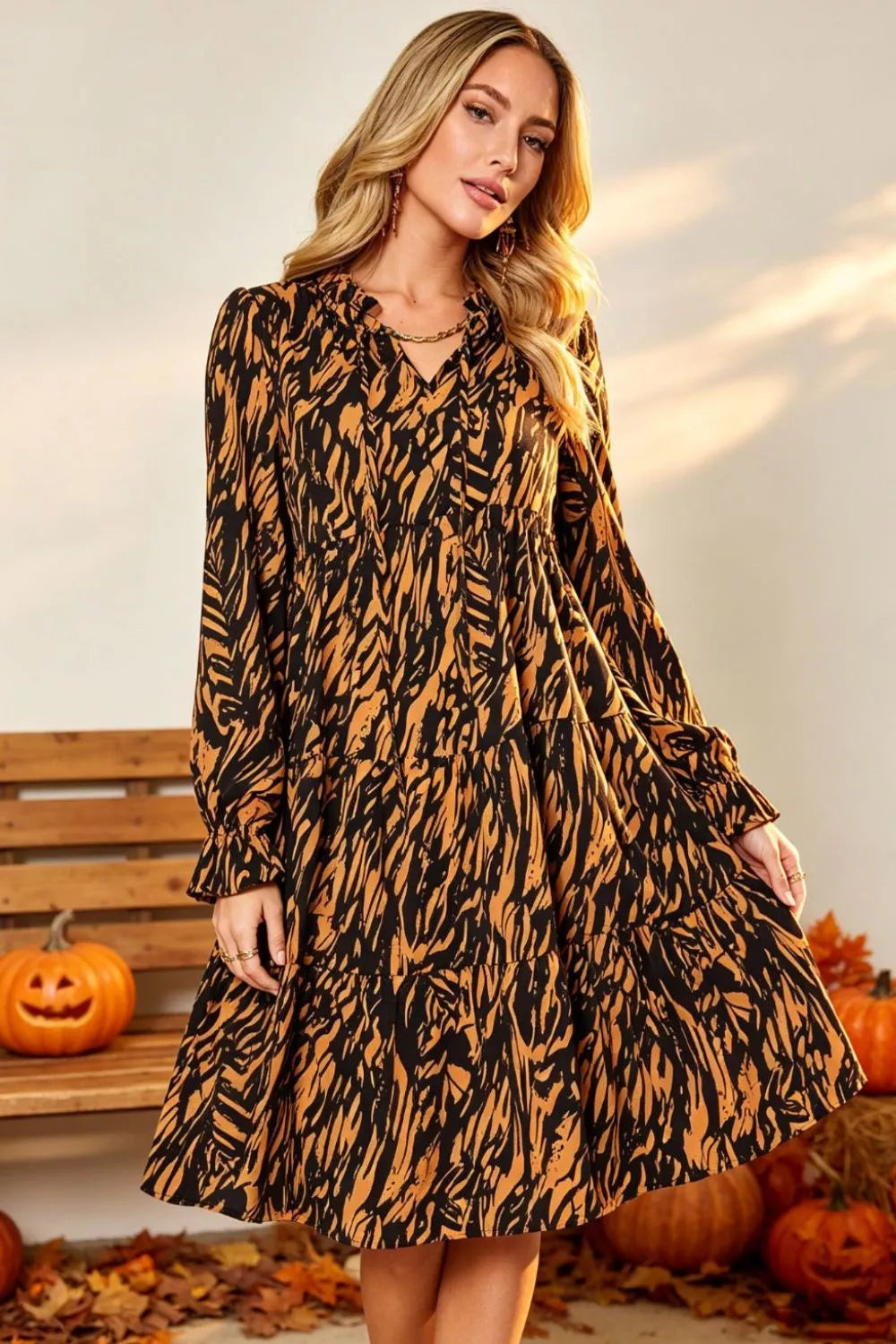 Double Take Full Size Printed Ruffle Hem Long Sleeve Dress Plus Size - Caramel - View 1