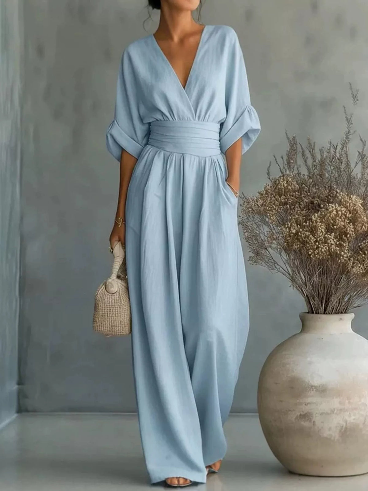 Full Size Half Sleeve Wide-Leg Jumpsuit Plus Size - Light Blue - View 1