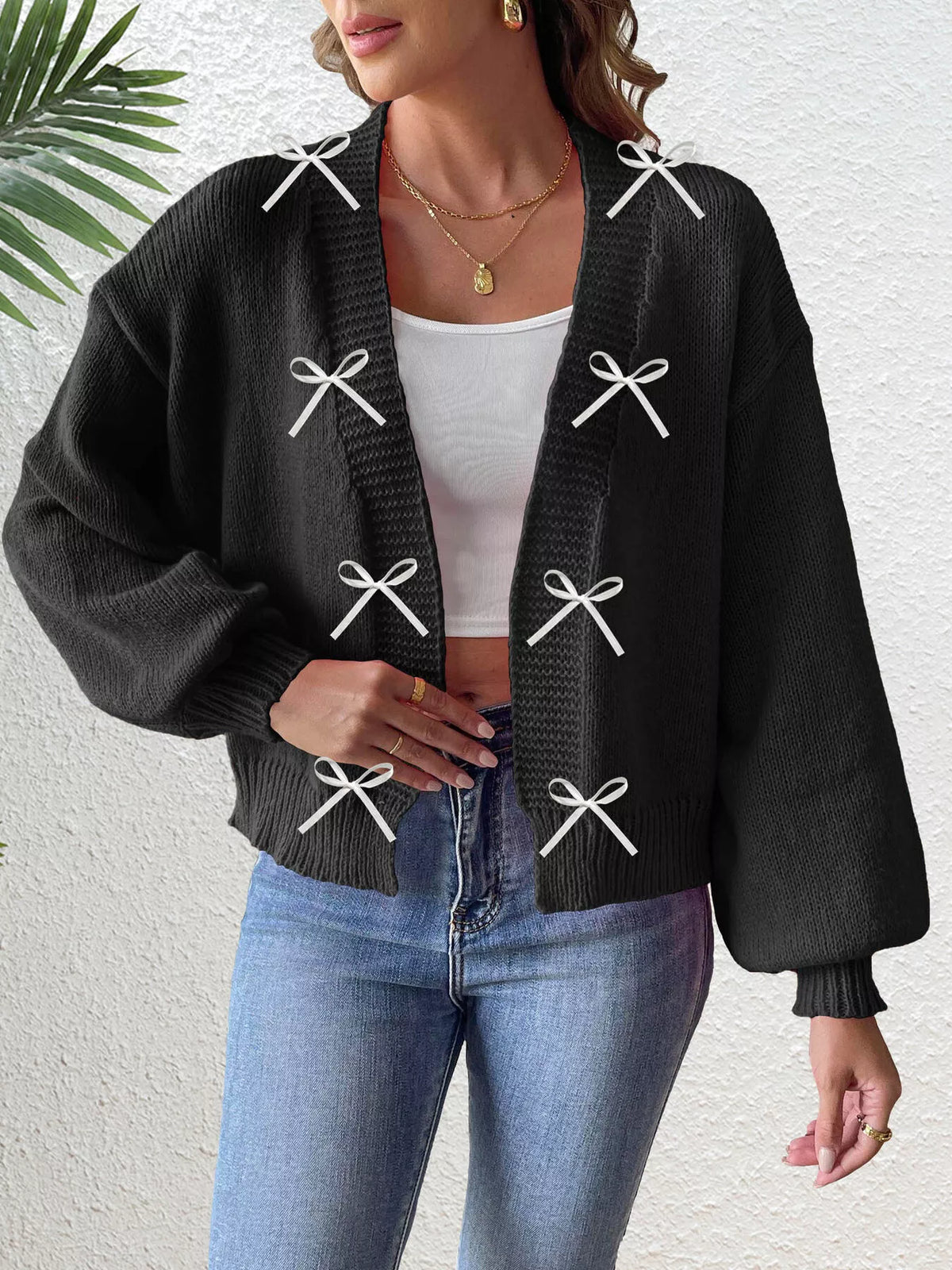 Bow-Tie Open Front Knit Cardigan - Black - View 2