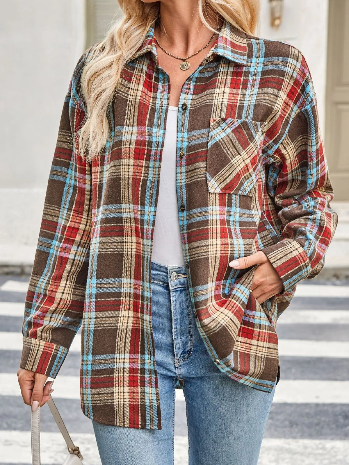 Plaid Button Up Long Sleeve Shirt - Caramel - View 1