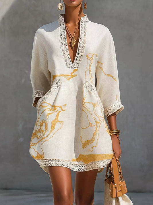 Notched 3/4 Sleeve Mini Dress - White - View 1