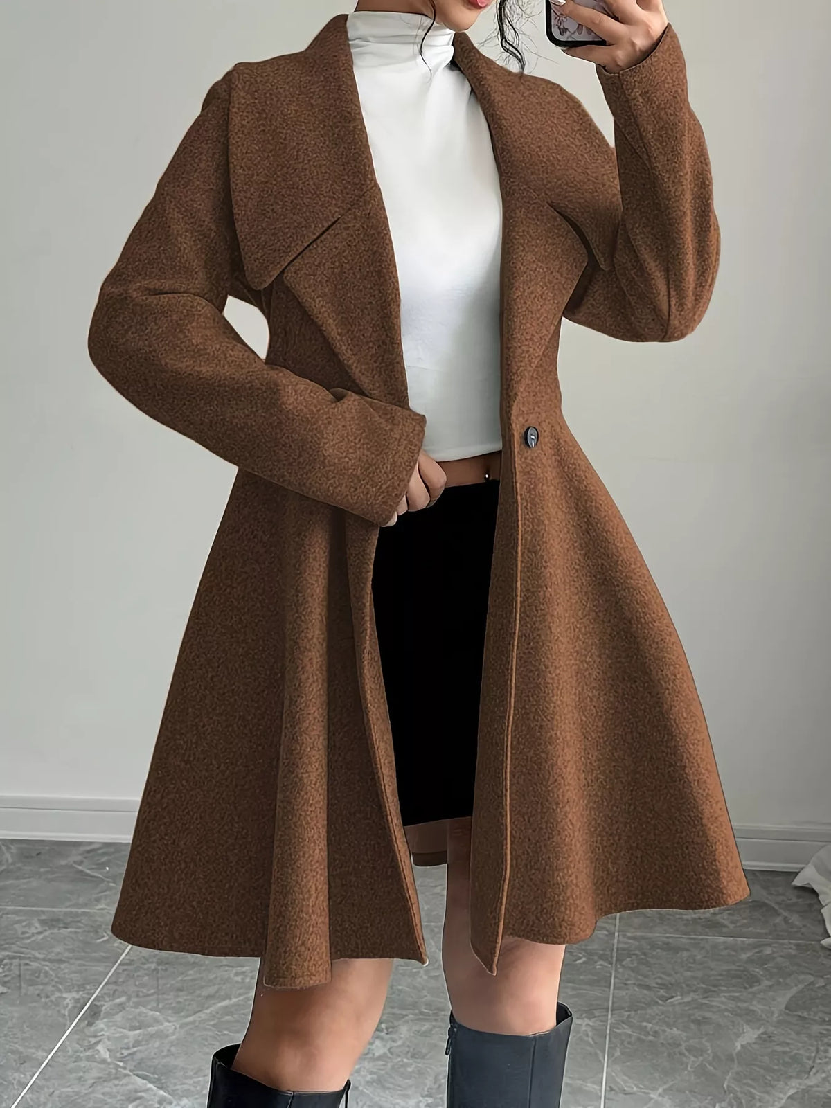 Double-Breasted Long Sleeve Outerwear - Dark Brown - View 1