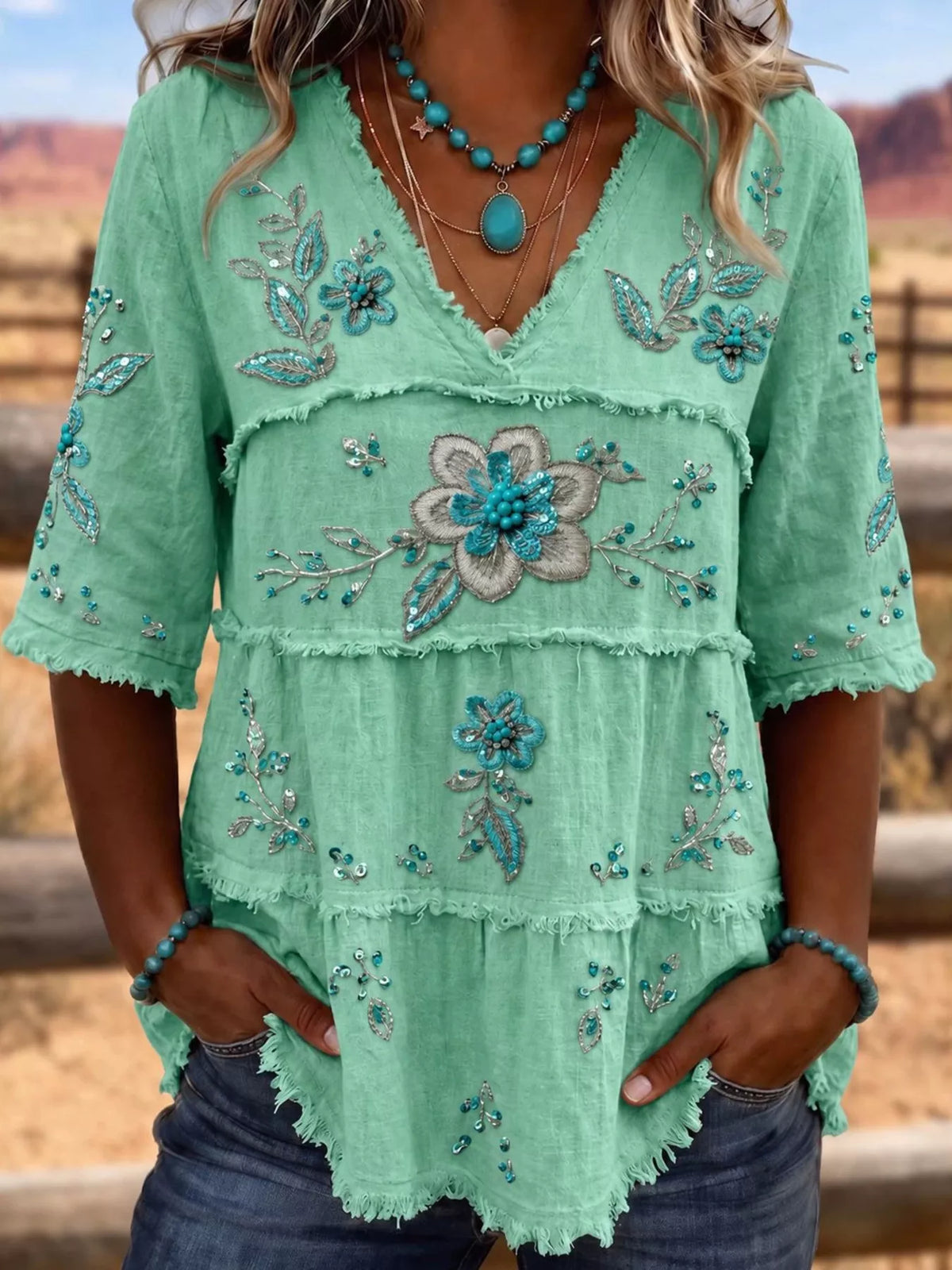 Full Size Floral Raw Hem V-Neck Blouse Plus Size - Neon Green - View 3