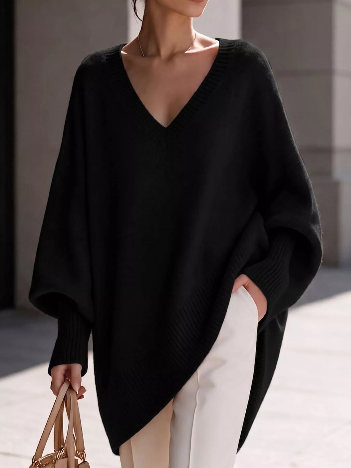 Full Size V-Neck Oversized Batwing Sleeve Sweater Plus Size - Black - View 46