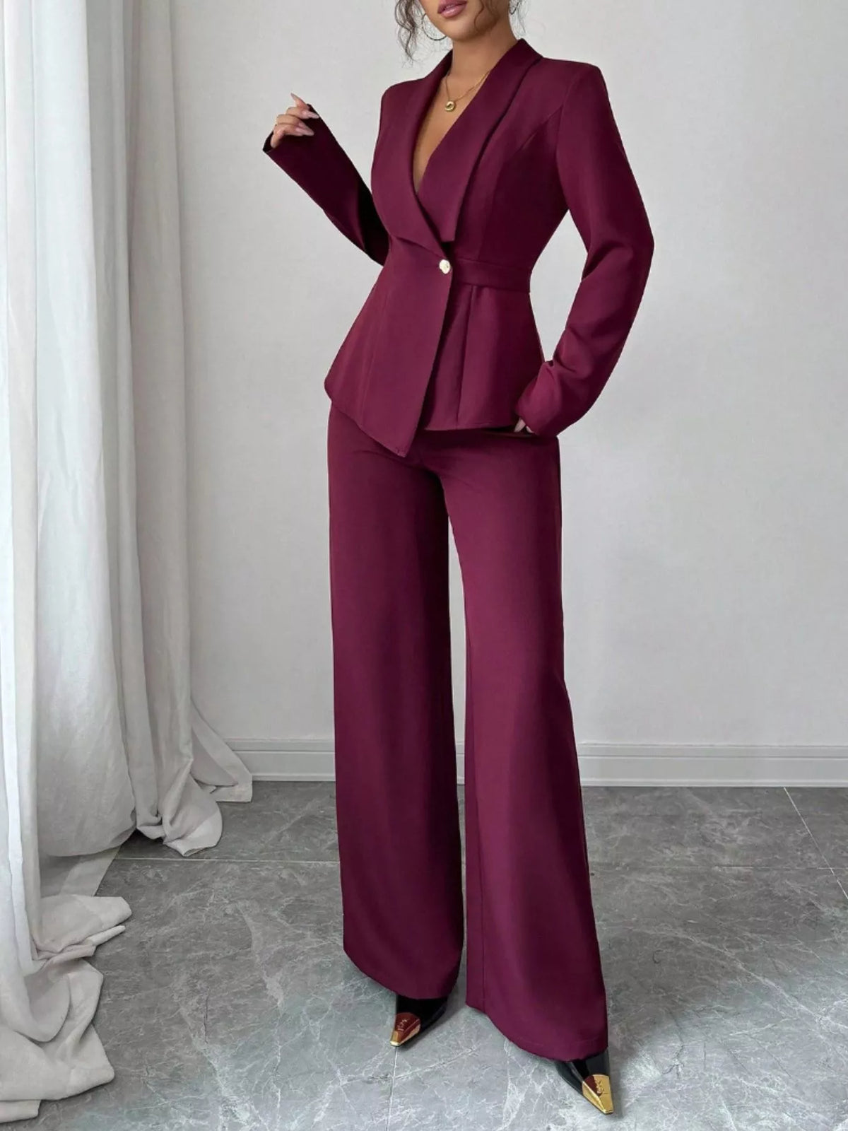 One Button Blazer and Pants Set - Burgundy - View 29