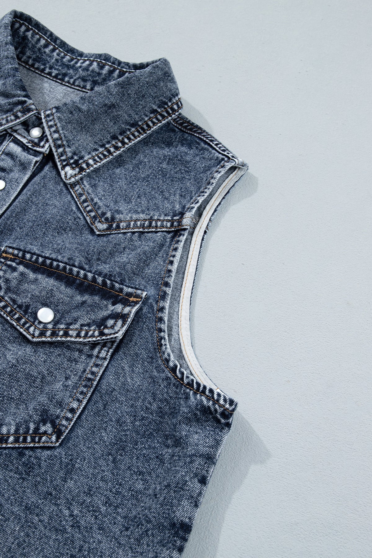 Ashleigh Blue Solid Denim Button Front Pocket Sleeveless Cowboy Vest - Ashleigh Blue - 12