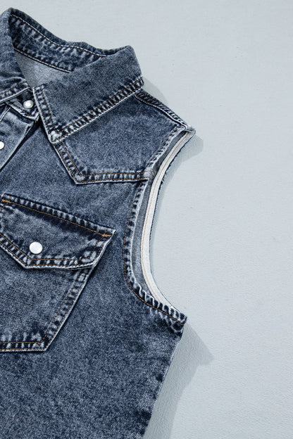Ashleigh Blue Solid Denim Button Front Pocket Sleeveless Cowboy Vest - Ashleigh Blue - 12
