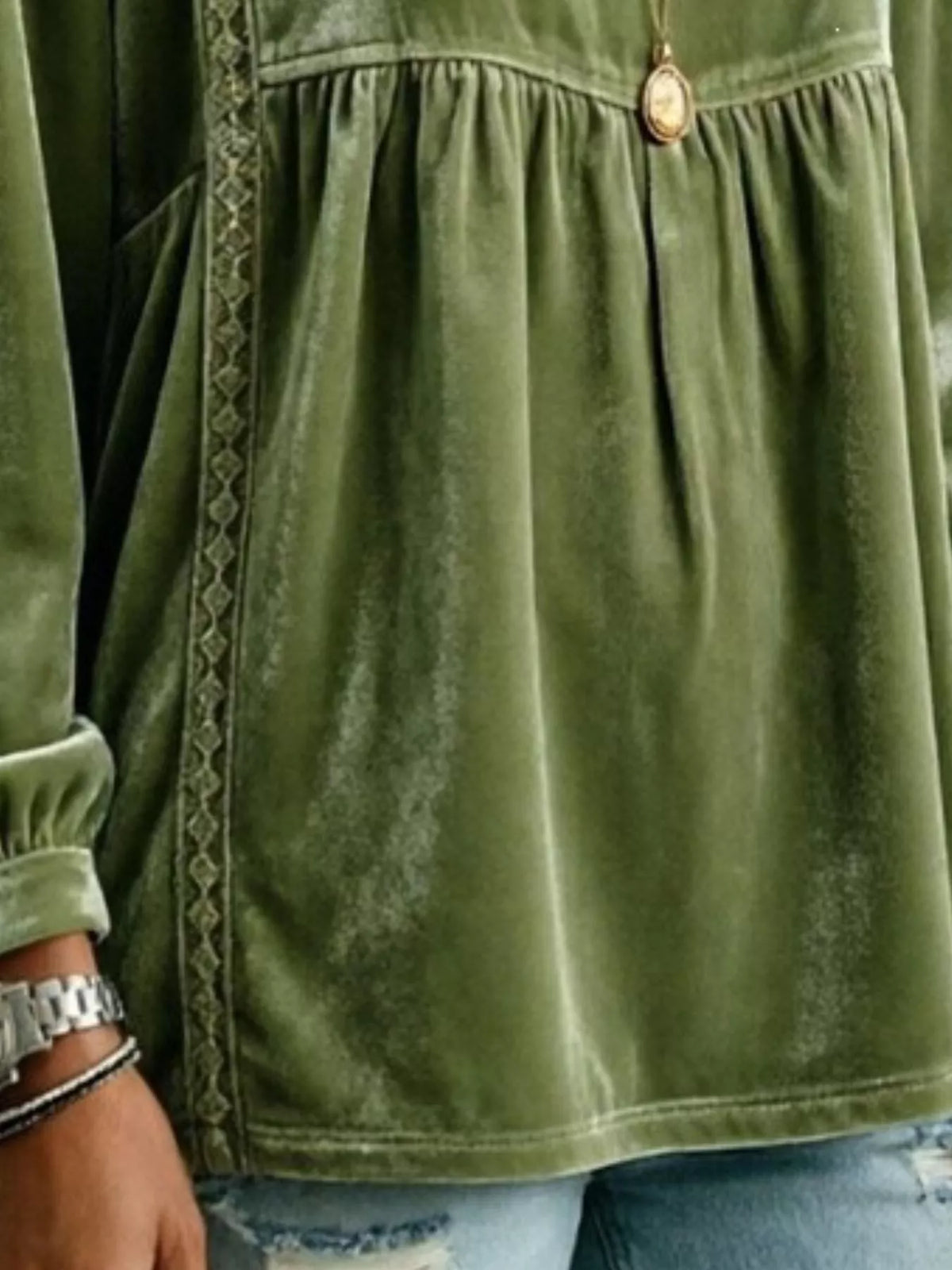 Full Size V-Neck Long Sleeve Velvet Blouse with Lace Trim Plus Size - Olive - View 3