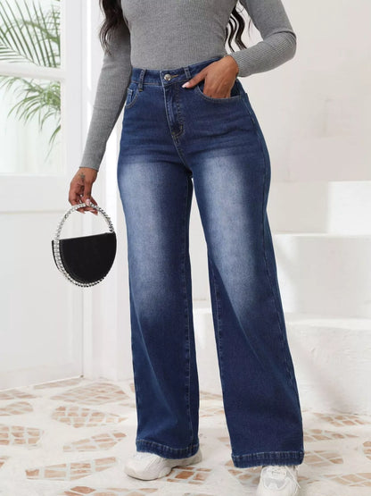 High-Waisted Washed Wide-Leg Jeans - Dark Blue - View 1