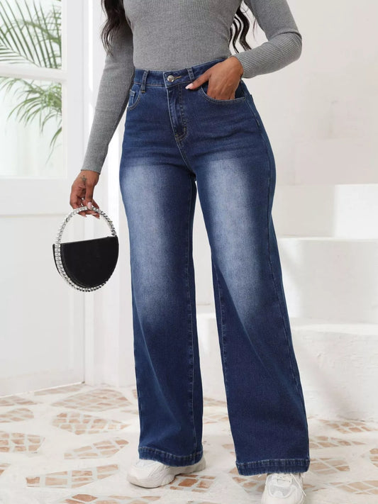 High-Waisted Washed Wide-Leg Jeans - Dark Blue - View 1