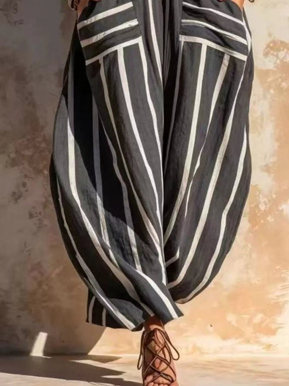 Striped V-Neck Sleeveless Wide-Leg Jumpsuit - Dark Gray - View 3
