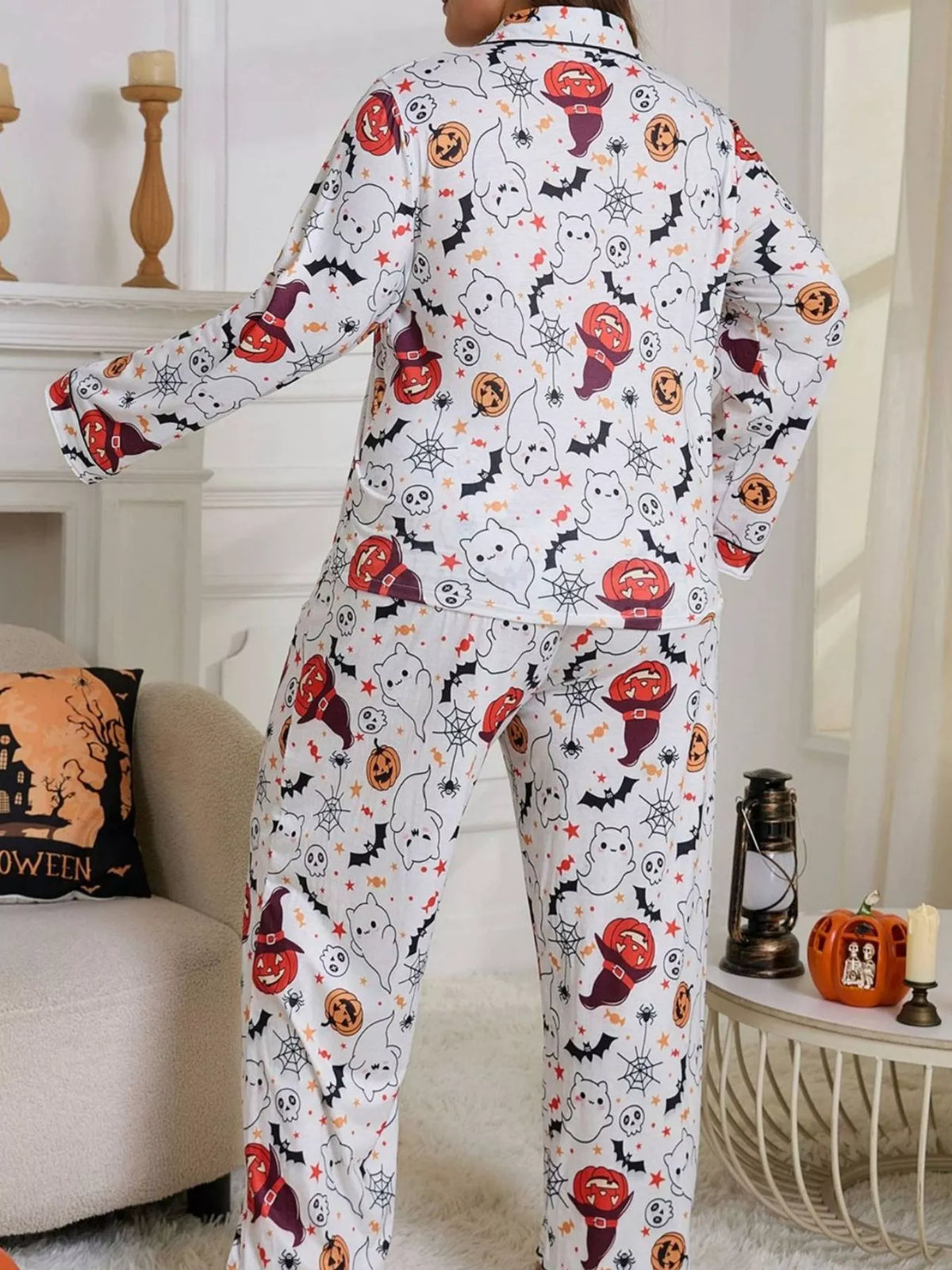 Plus Size Halloween Ghost and Pumpkin Print Top and Pants Lounge Set - White - View 4