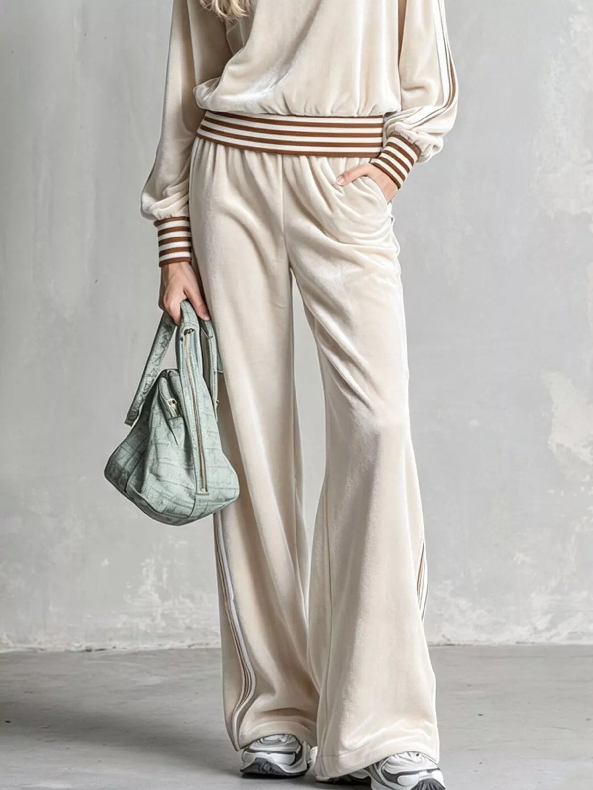 Striped Half Zip Top and Pants Set - Beige - View 3