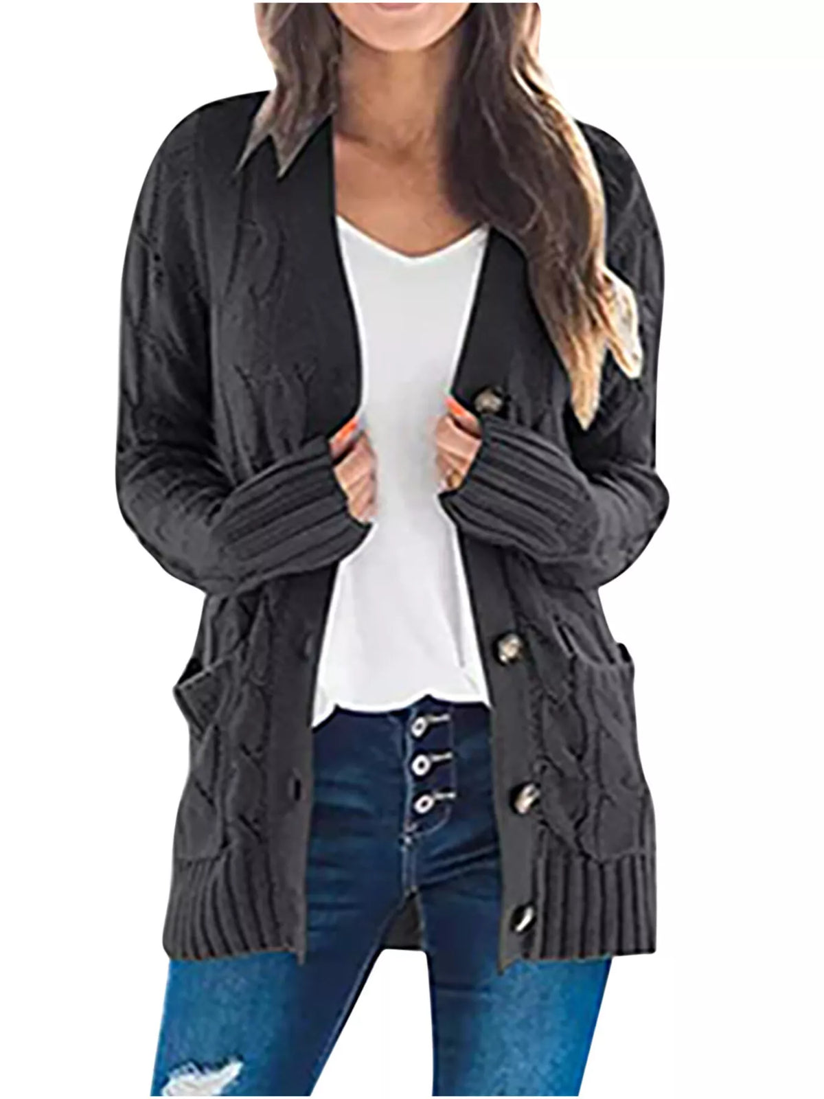 Full Size Chunky Cable Knit Button-Down Cardigan Plus Size - Black - View 1