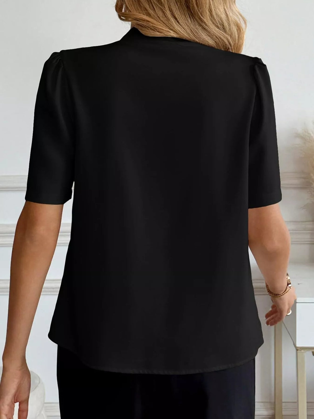 V-Neck Button-Down Shirt - Black - View 17