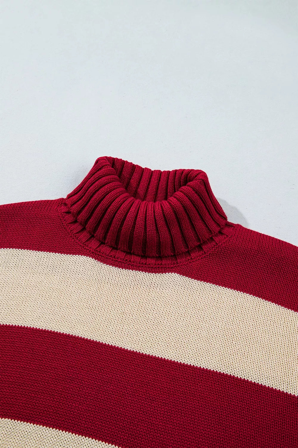 Stripe Ribbed Trim High Neck Relaxed Pullover Sweater - Burgundy - View 11