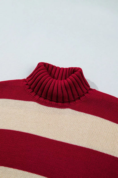 Stripe Ribbed Trim High Neck Relaxed Pullover Sweater - Burgundy - View 11