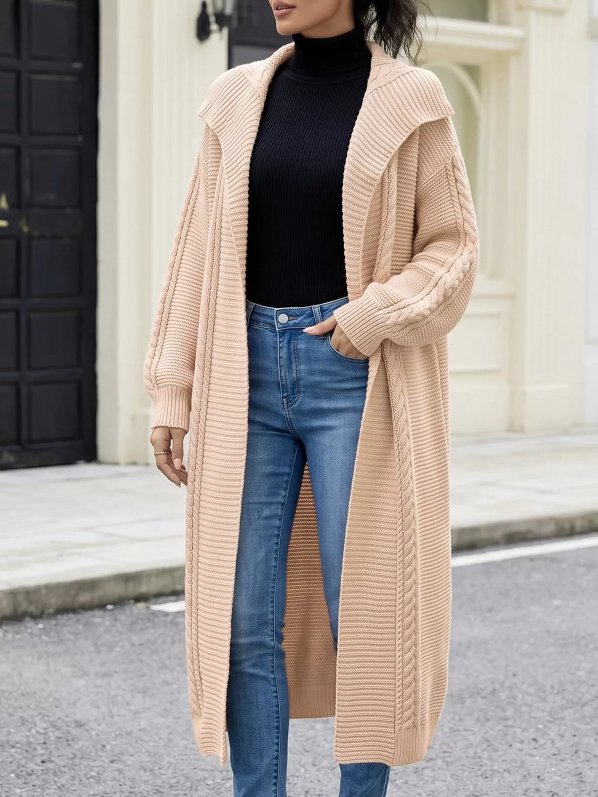Cable-Knit Open-Front Longline Cardigan - Apricot - View 4