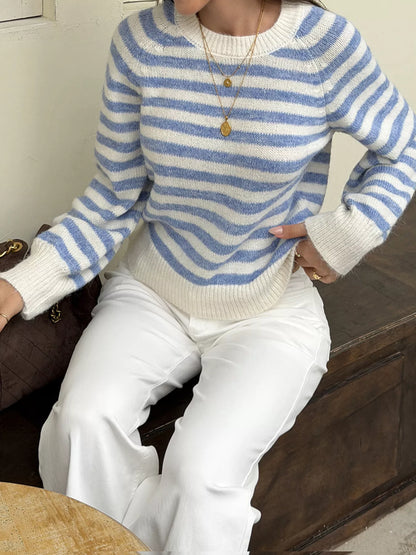 Striped Crew Neck Dropped Shoulder Sweater - Light Blue - View 3