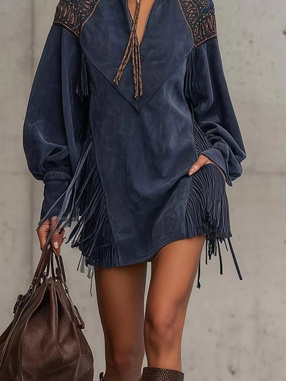 Fringed Lantern Sleeve Mini Dress - Dark Navy - View 3