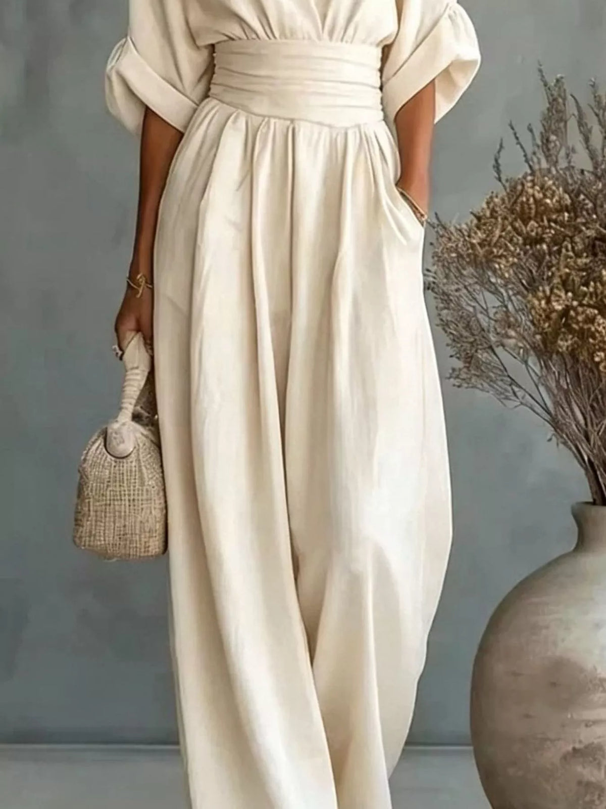 Full Size Half Sleeve Wide-Leg Jumpsuit Plus Size - Beige - View 1