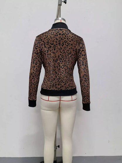 Leopard Print Knit Zip-Up Outerwear - Dark Brown - View 5