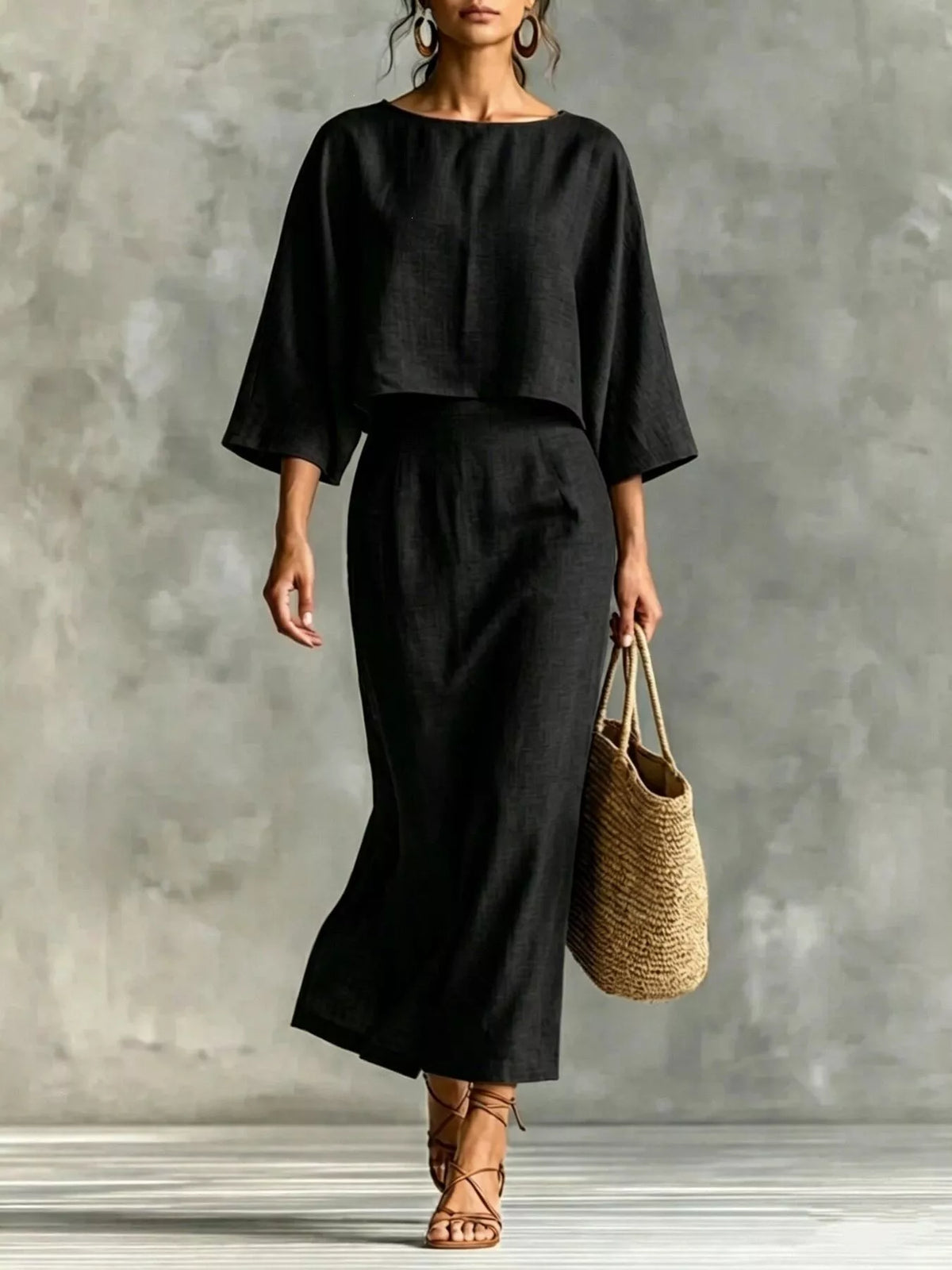 Full Size Solid Color Cropped Top and Midi Skirt Set Plus Size - Black - View 1