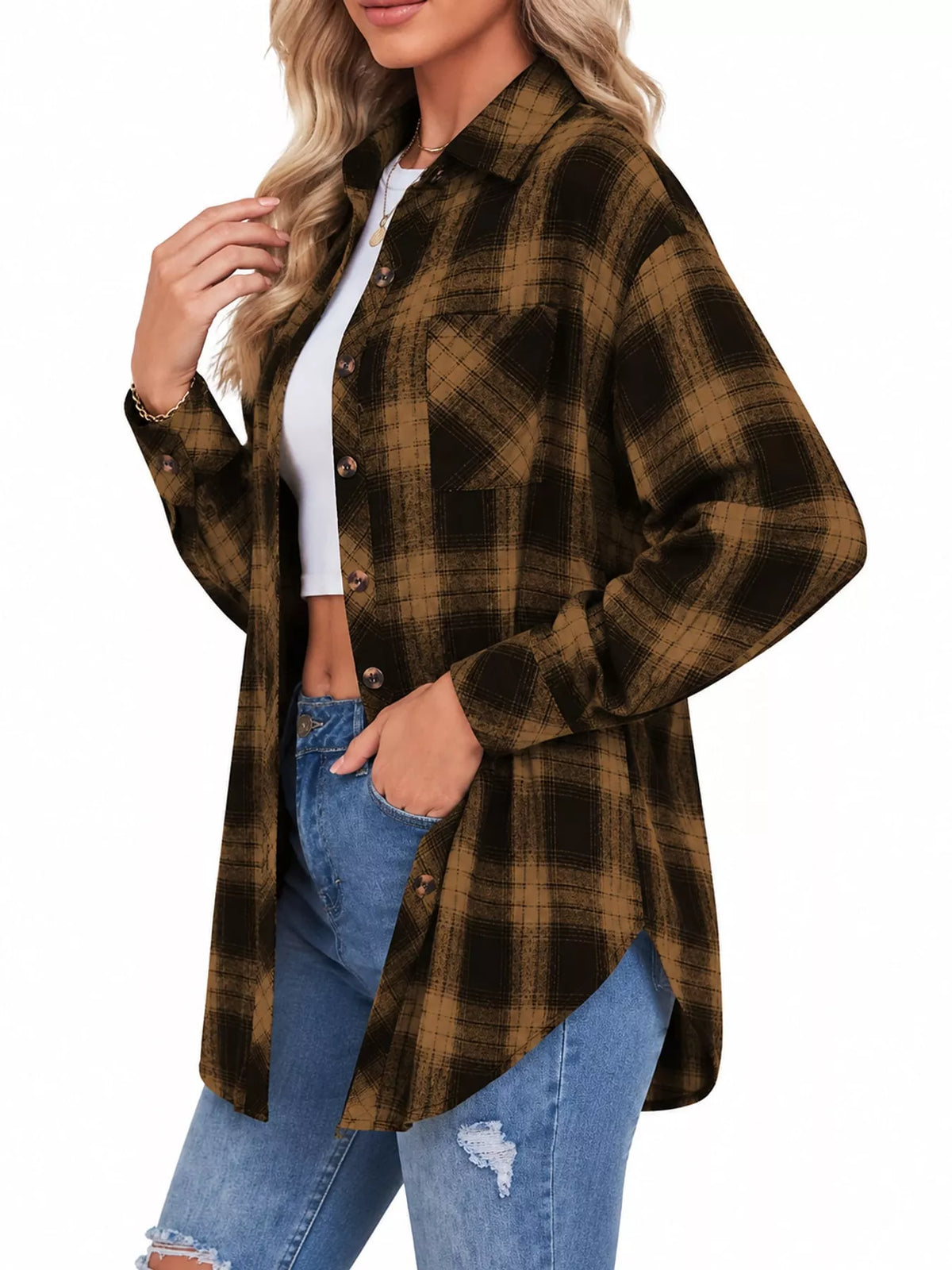 Plaid Button-Down Oversized Shirt - Khaki - View 28