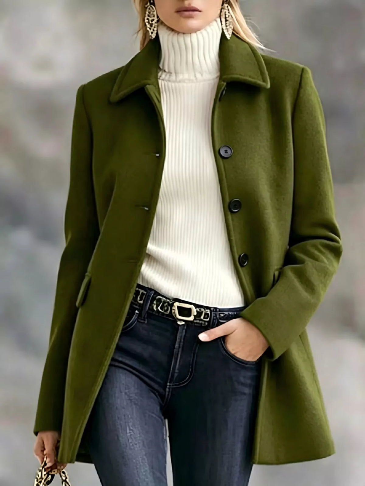 Button Up Collared Neck Coat - Army Green - View 3