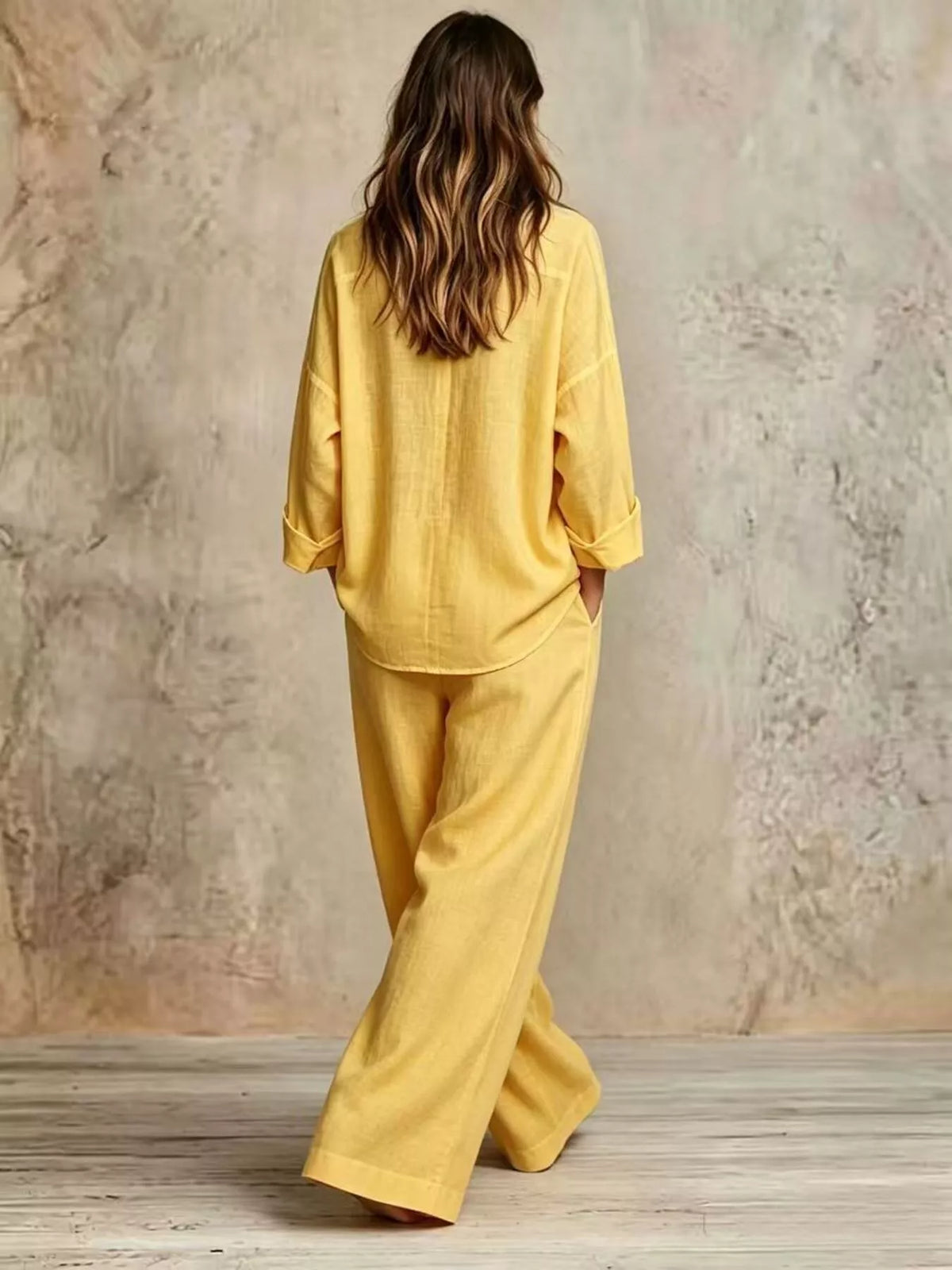 Full Size Button-Down Shirt and Wide-Leg Pants Set Plus Size - Yellow - View 9