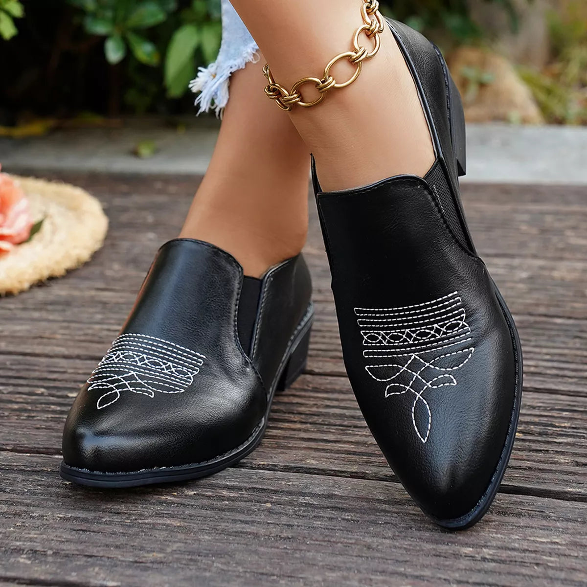 Point Toe Block Heels Loafers - Black - View 9