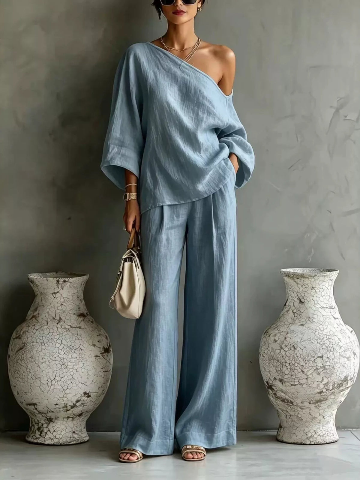One Shoulder Top and Wide Leg Pants Set - Light Blue - View 1