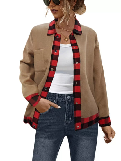 Plaid Button Up Casual Outerwear - Khaki - View 3