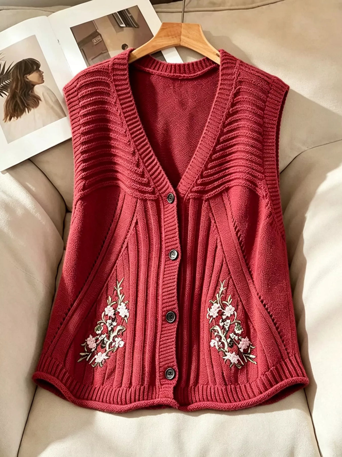 Floral Embroidered V-Neck Button-Down Sweater Vest - Deep Red - View 3