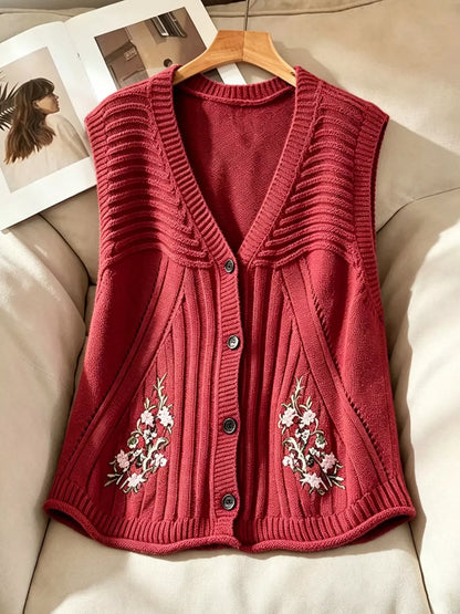 Floral Embroidered V-Neck Button-Down Sweater Vest - Deep Red - View 3