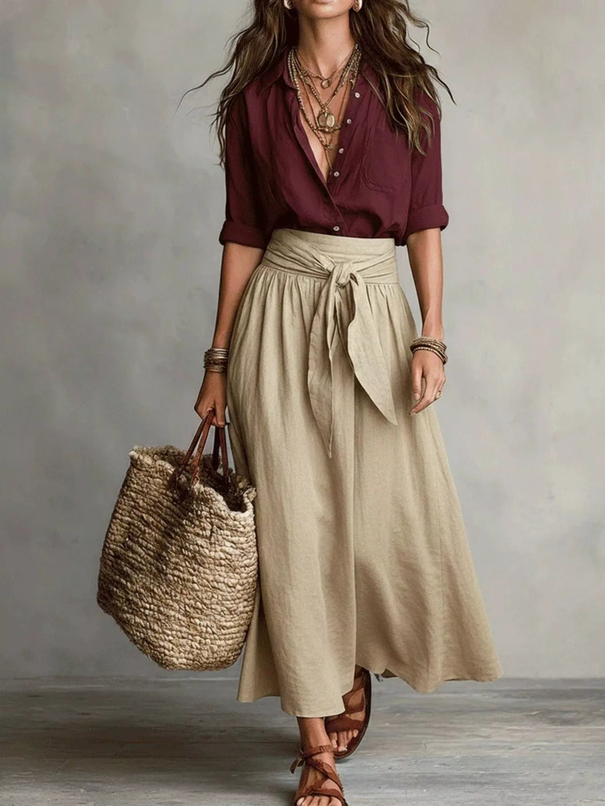Full Size Button-Down Shirt and Skirt Set Plus Size - Burgundy - View 1
