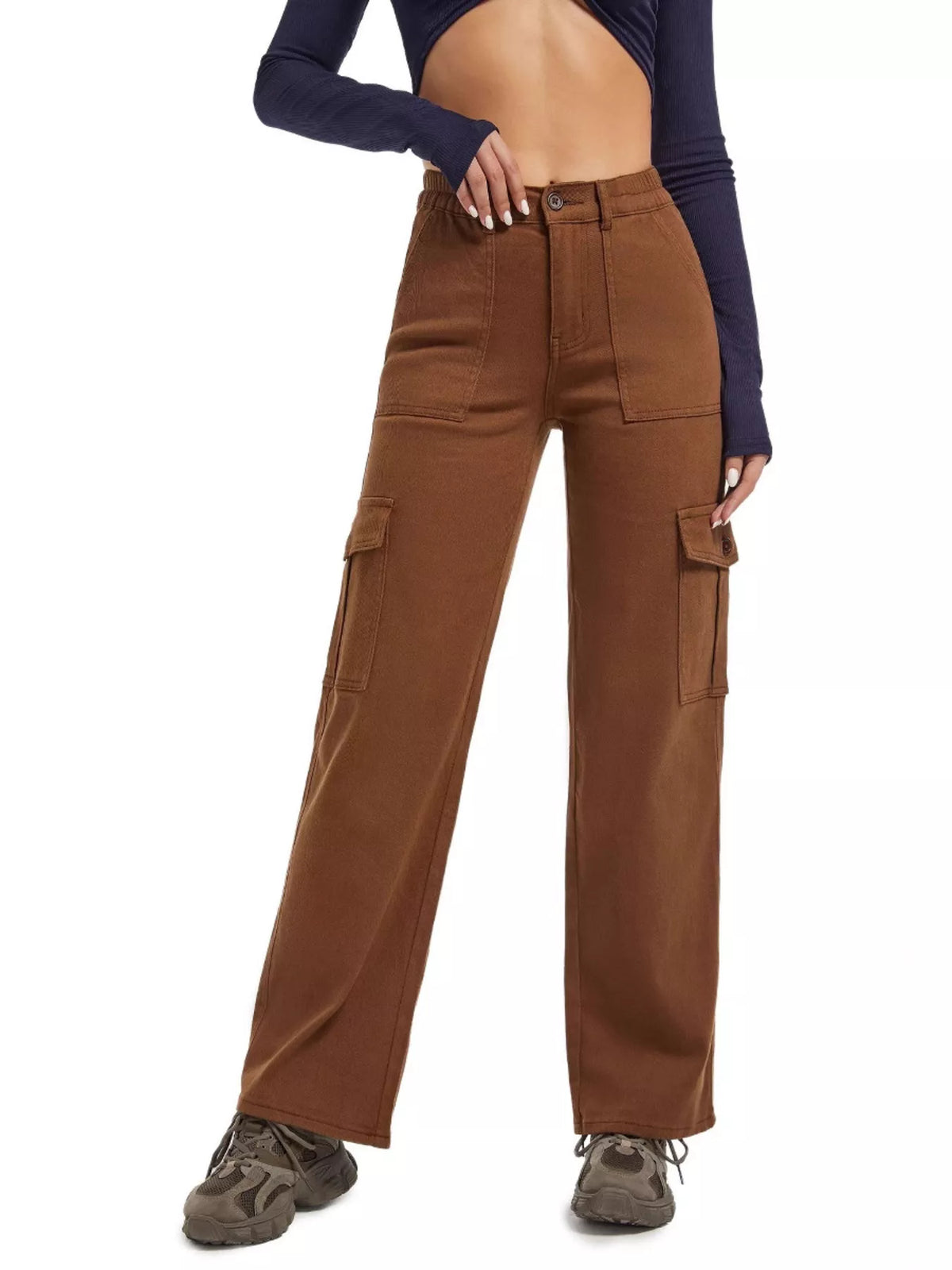 High-Waisted Cargo Jeans - Black - View 5