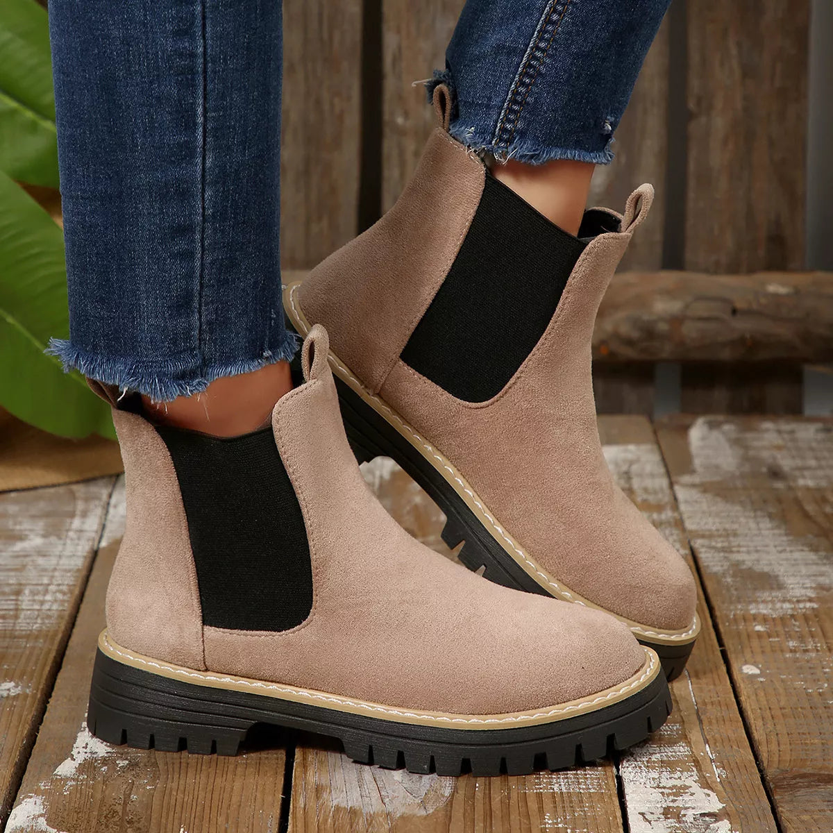 Round Toe Block Heels Boots - Beige - View 20
